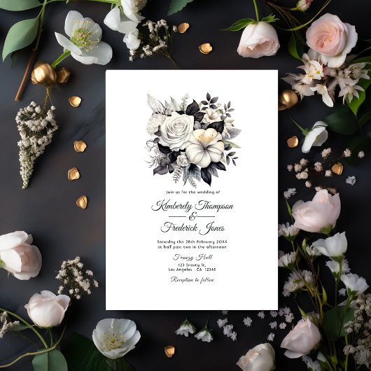 Invitation Mariage floral noir et blanc