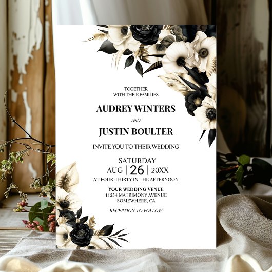 Invitation Mariage floral noir et blanc