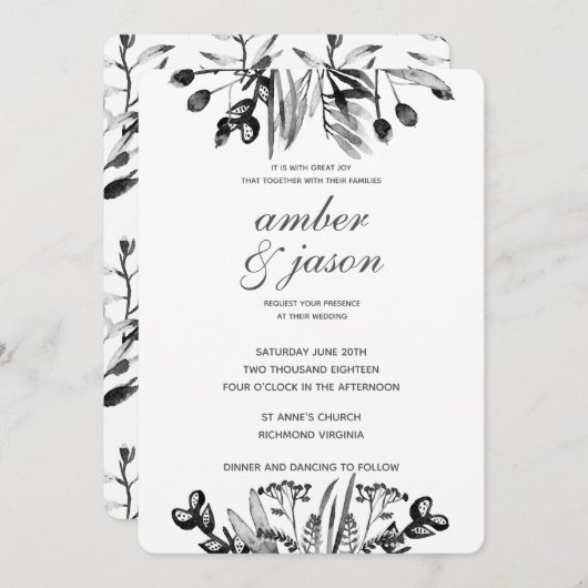 Invitation Mariage floral noir et blanc (Devant / Derrière)