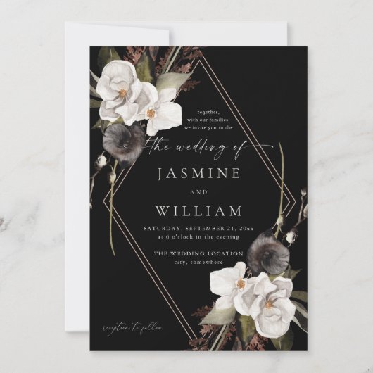 Invitation Mariage floral noir et blanc B - noir (Devant)