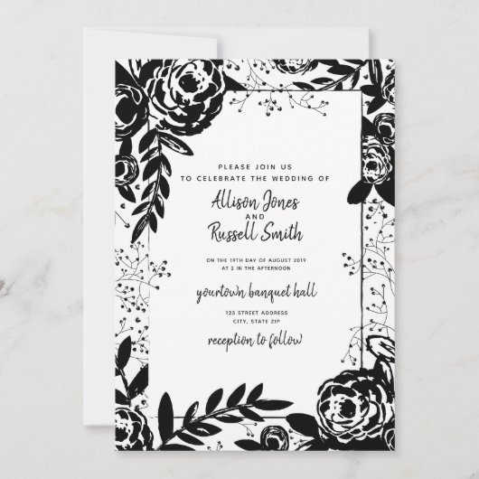 Invitation Mariage floral noir et blanc de calligraphie (Devant)