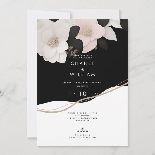 Invitation Mariage floral noir et blanc d'inspiration Chanel (Devant)