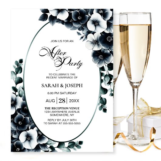 Invitation Mariage floral noir et blanc élégant après la fête