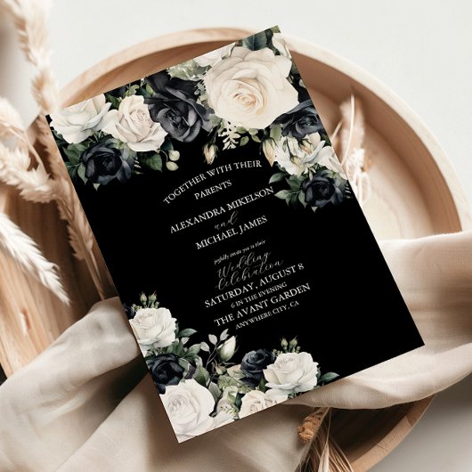 Invitation Mariage floral noir et blanc moderne