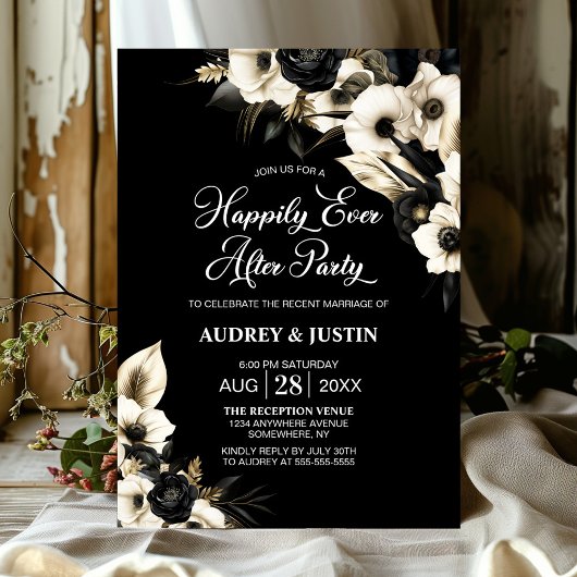 Invitation Mariage floral noir et blanc moderne après la fête