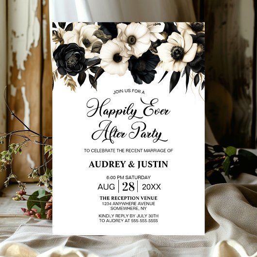Invitation Mariage floral noir et blanc moderne après la fête