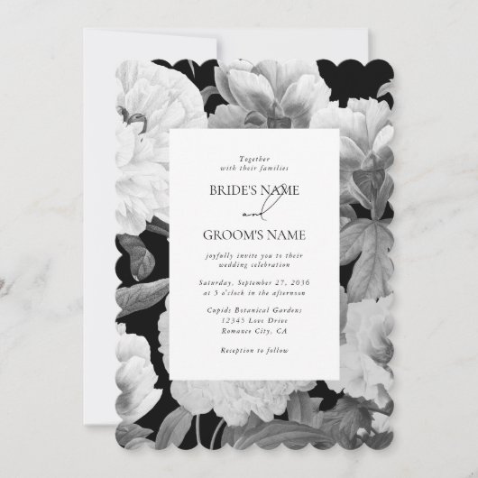 Invitation Mariage floral noir et blanc Peonies d'aquarelle (Devant)