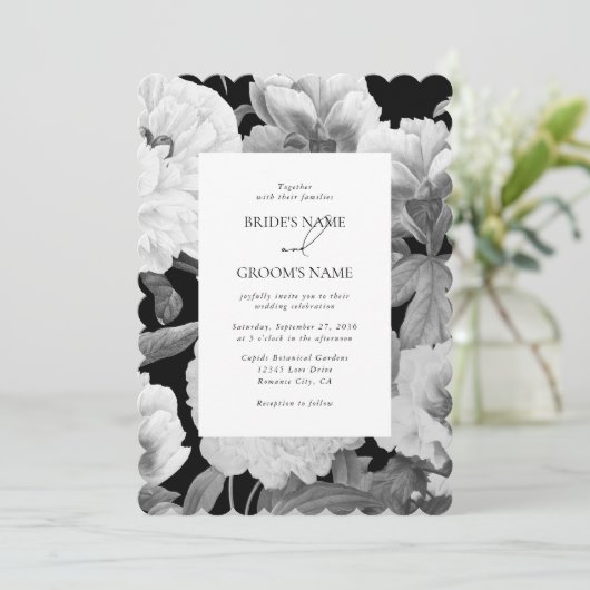 Invitation Mariage floral noir et blanc Peonies d'aquarelle (Debout devant)