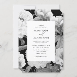 Invitation Mariage floral noir et blanc Peonies d'aquarelle