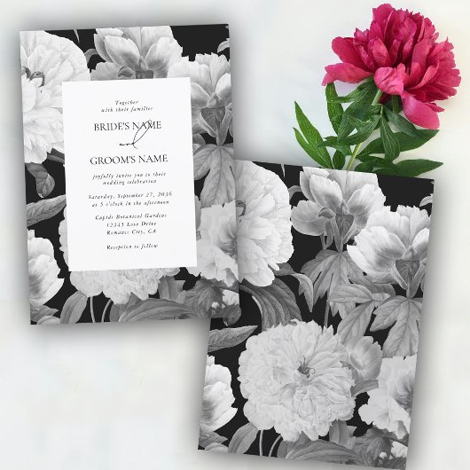 Invitation Mariage floral noir et blanc Peonies d'aquarelle