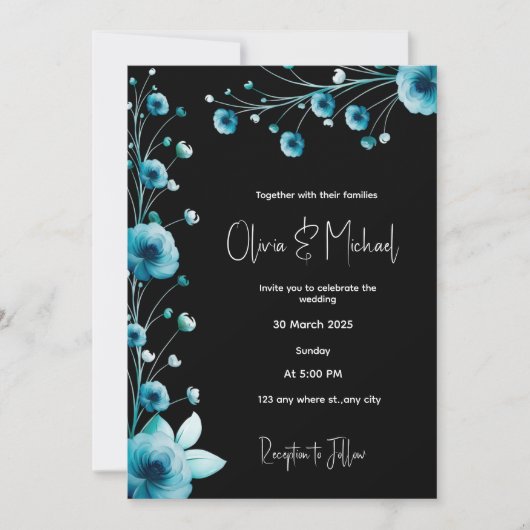Invitation Mariage floral noir et bleu moderne (Devant)
