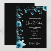 Invitation Mariage floral noir et bleu moderne (Devant / Derrière)