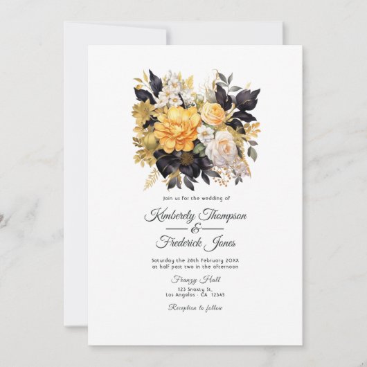 Invitation Mariage floral noir et or (Devant)