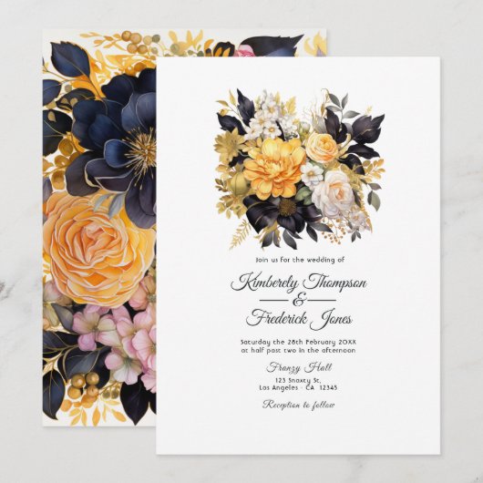 Invitation Mariage floral noir et or (Devant / Derrière)