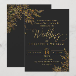 Invitation Mariage floral noir et or