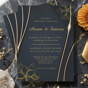 Invitation Mariage floral noir et or élégant et luxueux