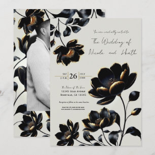 Invitation Mariage floral noir et or Greige