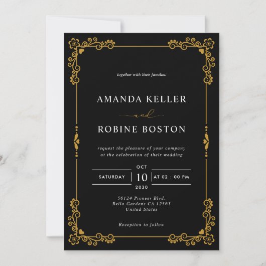Invitation Mariage floral noir et or simple (Devant)