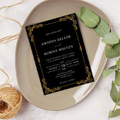 Invitation Mariage floral noir et or simple