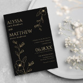 Invitation Mariage floral noir et or simple et élégant
