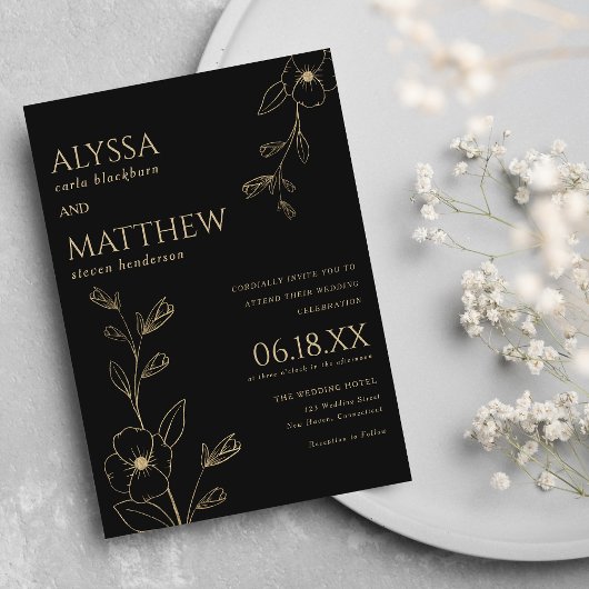 Invitation Mariage floral noir et or simple et élégant