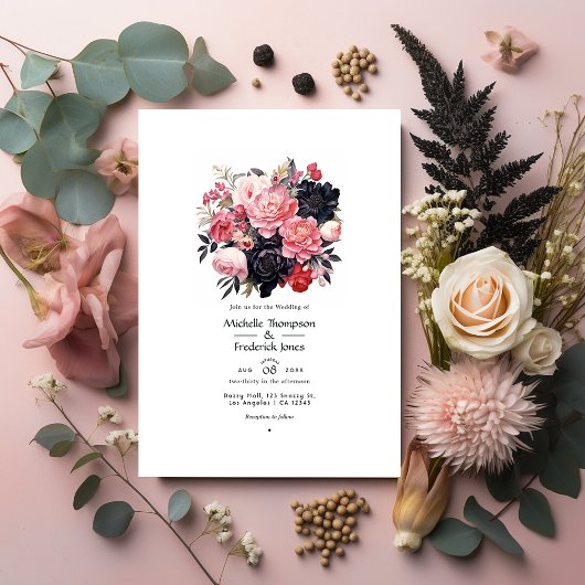 Invitation Mariage floral noir et rose