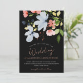 Invitation Mariage floral noir et rose simple Boho (Debout devant)