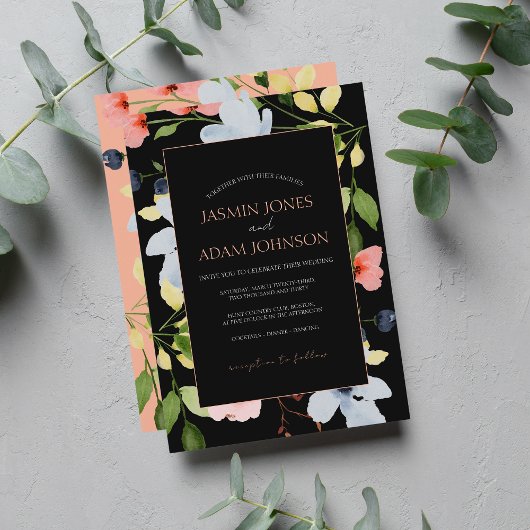 Invitation Mariage floral noir et rose simple Boho