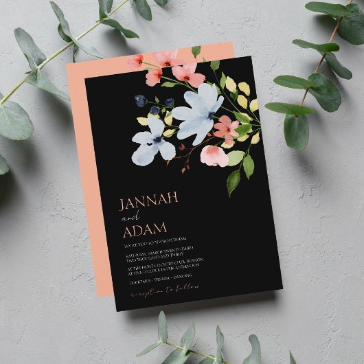 Invitation Mariage floral noir et rose simple Boho