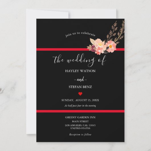 Invitation Mariage Floral Noir Et Rouge Moderne (Devant)