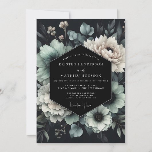 Invitation Mariage Floral Noir et Sarcelle (Devant)