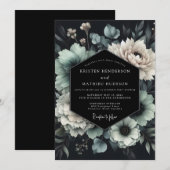 Invitation Mariage Floral Noir et Sarcelle (Devant / Derrière)
