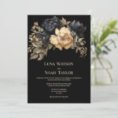 Invitation Mariage floral noir ivoire vert pivoine (Debout devant)
