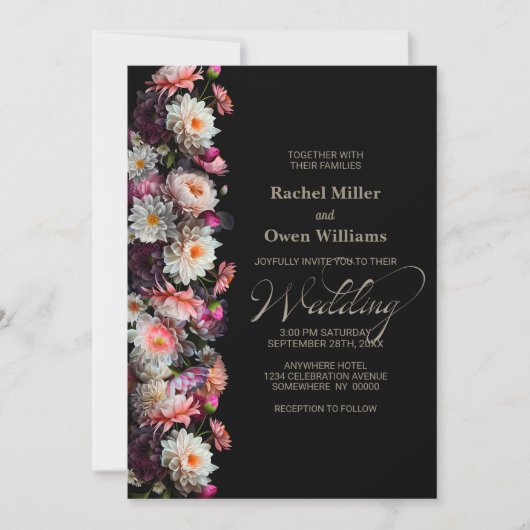 Invitation Mariage Floral noir moderne (Devant)