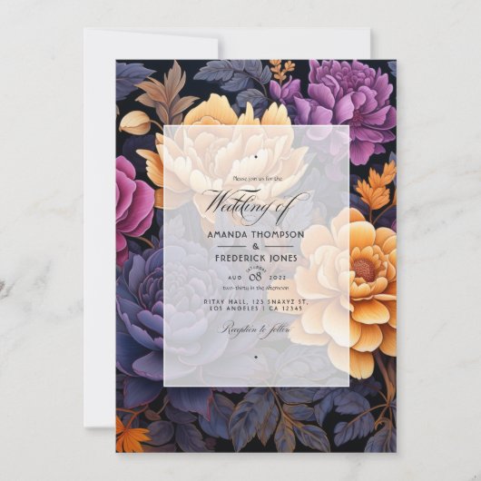 Invitation Mariage floral noir, or et pourpre foncé (Devant)