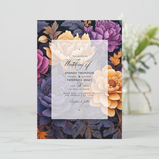 Invitation Mariage floral noir, or et pourpre foncé (Debout devant)