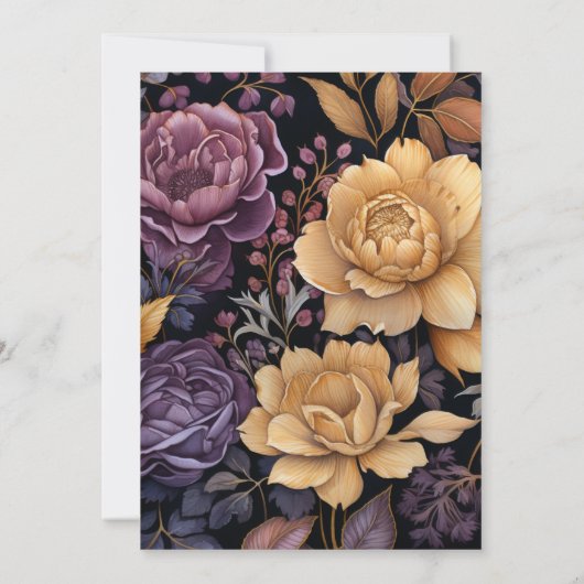 Invitation Mariage floral noir, or et pourpre foncé (Dos)