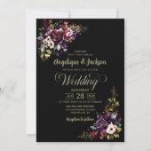 Invitation Mariage floral noir pourpre bordeaux (Devant)