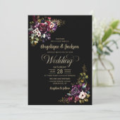 Invitation Mariage floral noir pourpre bordeaux (Debout devant)