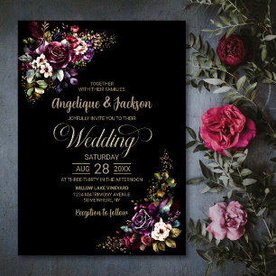 Invitation Mariage floral noir pourpre bordeaux