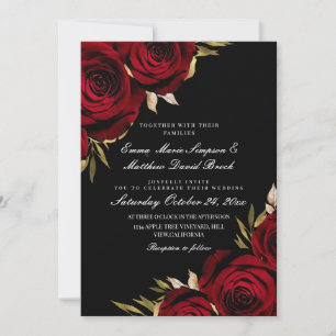 Invitation Mariage floral noir Rose rouge or