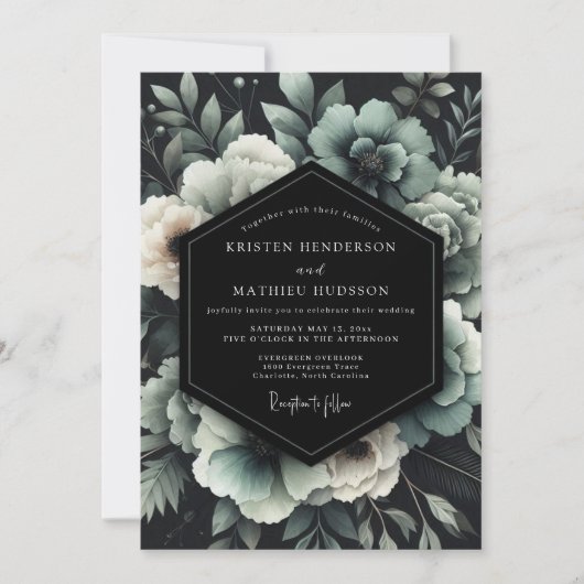 Invitation Mariage Floral Noir Sarcelle (Devant)