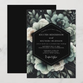 Invitation Mariage Floral Noir Sarcelle (Devant / Derrière)