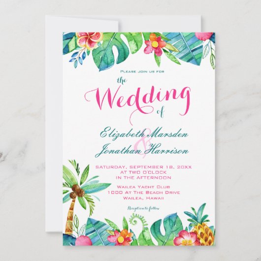 Invitation Mariage Floral Ombré Rose Turquoise Plage Tropical (Devant)
