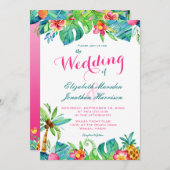 Invitation Mariage Floral Ombré Rose Turquoise Plage Tropical (Devant / Derrière)