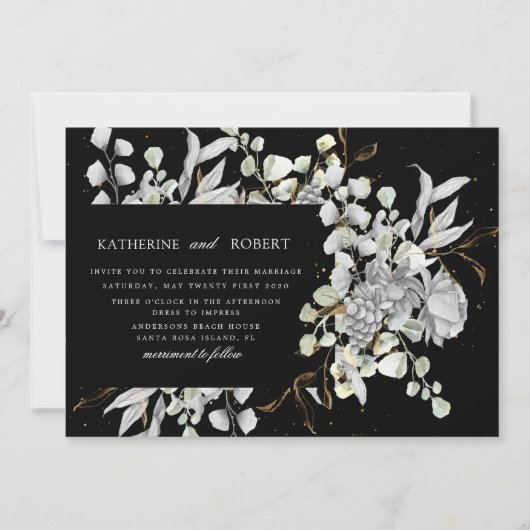 Invitation mariage floral or argent dramatique (Devant)