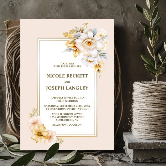 Invitation Mariage floral or blanc élégant