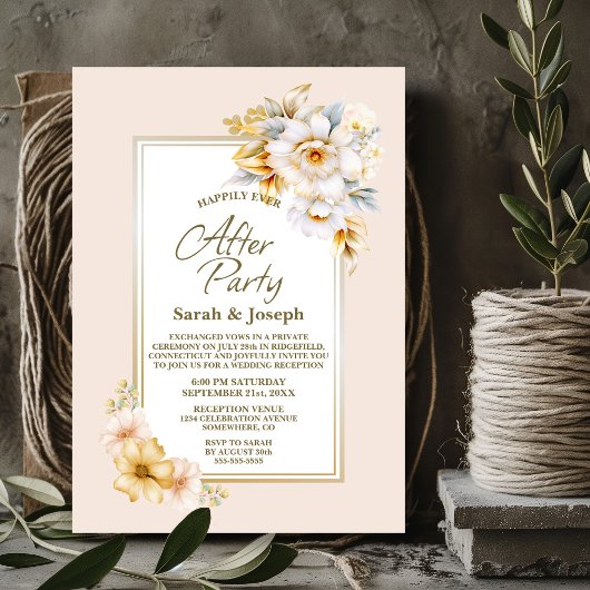 Invitation Mariage floral or blanc élégant après la fête