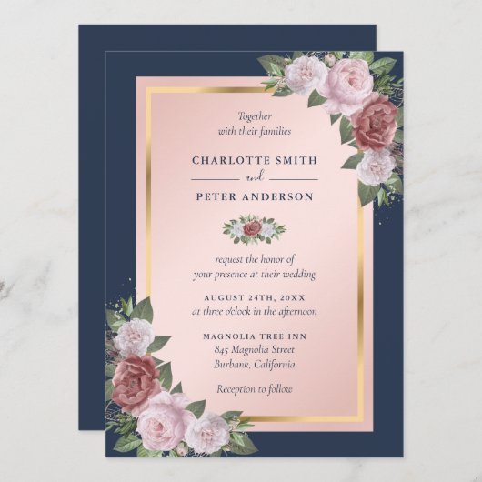 Invitation Mariage floral or bleu bleu marine moderne (Devant / Derrière)