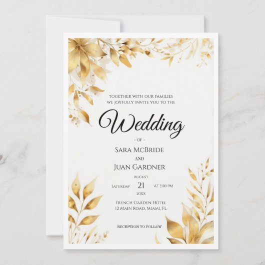 Invitation Mariage Floral Or Élégant (Devant)